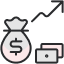 Icon showing moneybag and cash with upward arrow